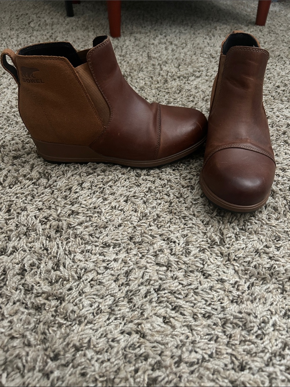 Sorel Brown Leather Chelsea Wedge Booties with Tan Panels